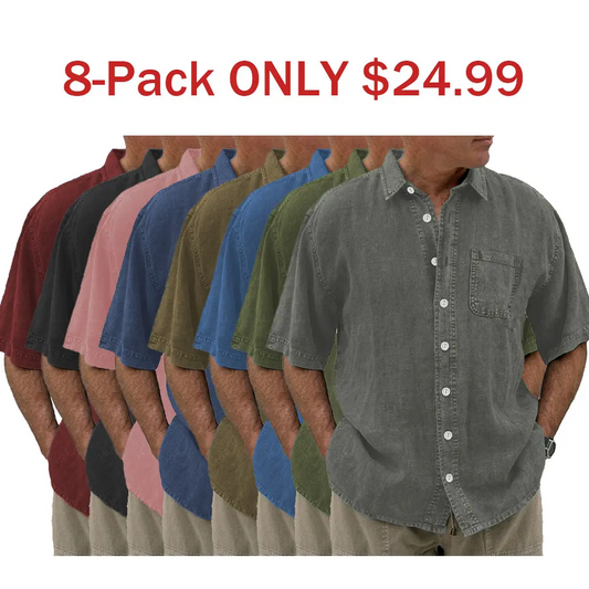 8-Pack Men's Vintage Cotton Linen Pocket | Short-Sleeved Shirt - FENORIX